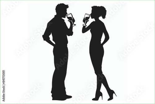 black silhouettes of man and woman drinking standing isolated on a white background. Silhouette of people drinking. Vector of young man and woman drinking. Dating. Drinking. 