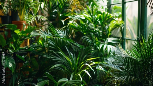 A lush corner of an indoor garden filled with vibrant green tropical plants  creating a serene and refreshing natural oasis.