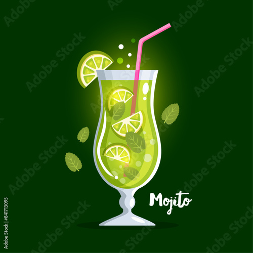 Cocktail mojito on green background. Bar  drink, beverage in glass. Vector illustration
