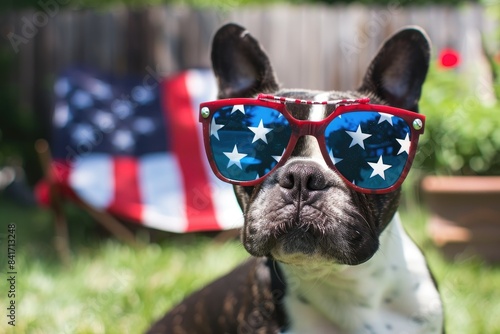 dog red sunglass usa flag in neck blur background outdoor a memorial day military veterans and patriotism concept photo