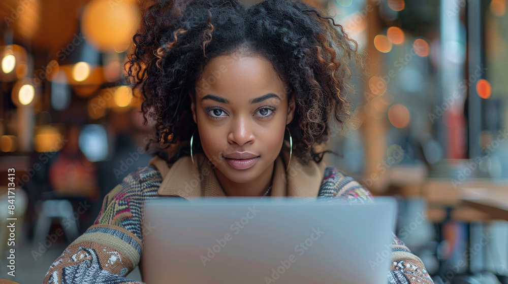 Young Woman Working On Laptop in Cafe With Warm Lighting Young Woman Working On Laptop in Cafe With Warm Lighting