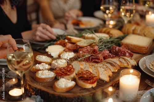 Rustic Wooden Board Appetizer Spread With Rosemary And Prosciutto