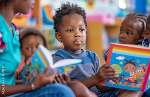 Young Boy Reading Storybook In Library