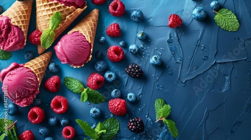 assortment of vibrant fruit sorbet and ice cream cones in red berry hues with fresh mint food photography photo