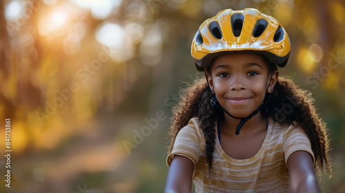 Young Girl Riding Bike in Forest During Summer