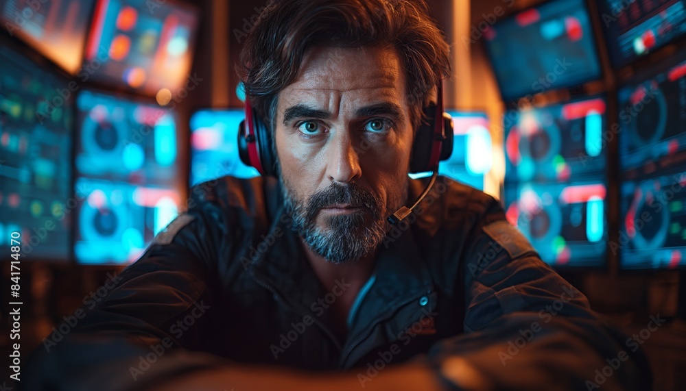 Man with headphones in advanced control room Man with headphones in advanced control room
