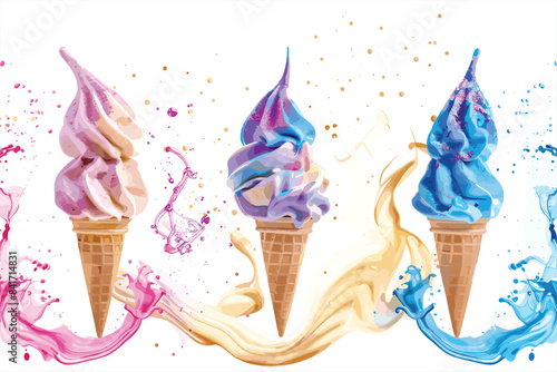 Set of delicious ice cream, isolated on a white background. A set of delectable cutout ice cream explosions. Delicious ice cream explosion, cut out.