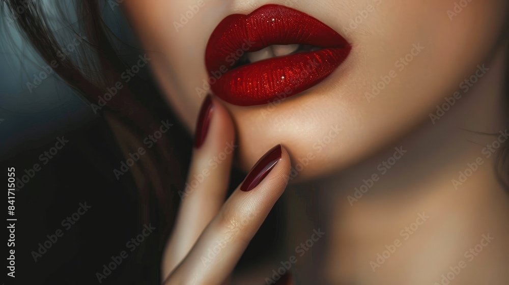 Indulge in elegance: Close-up of a woman's face highlighting red matte lips, flawless complexion, and chic minimalist nail art. Indulge in elegance: Close-up of a woman's face highlighting red matte lips, flawless complexion, and chic minimalist nail art.