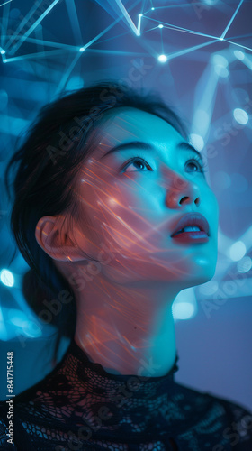 profile portrait of a young Asian Chinese tech female with a digital technology pattern overlay, portraying a cyber security analyst of artificial intelligence and the future of ai. Neon lights.