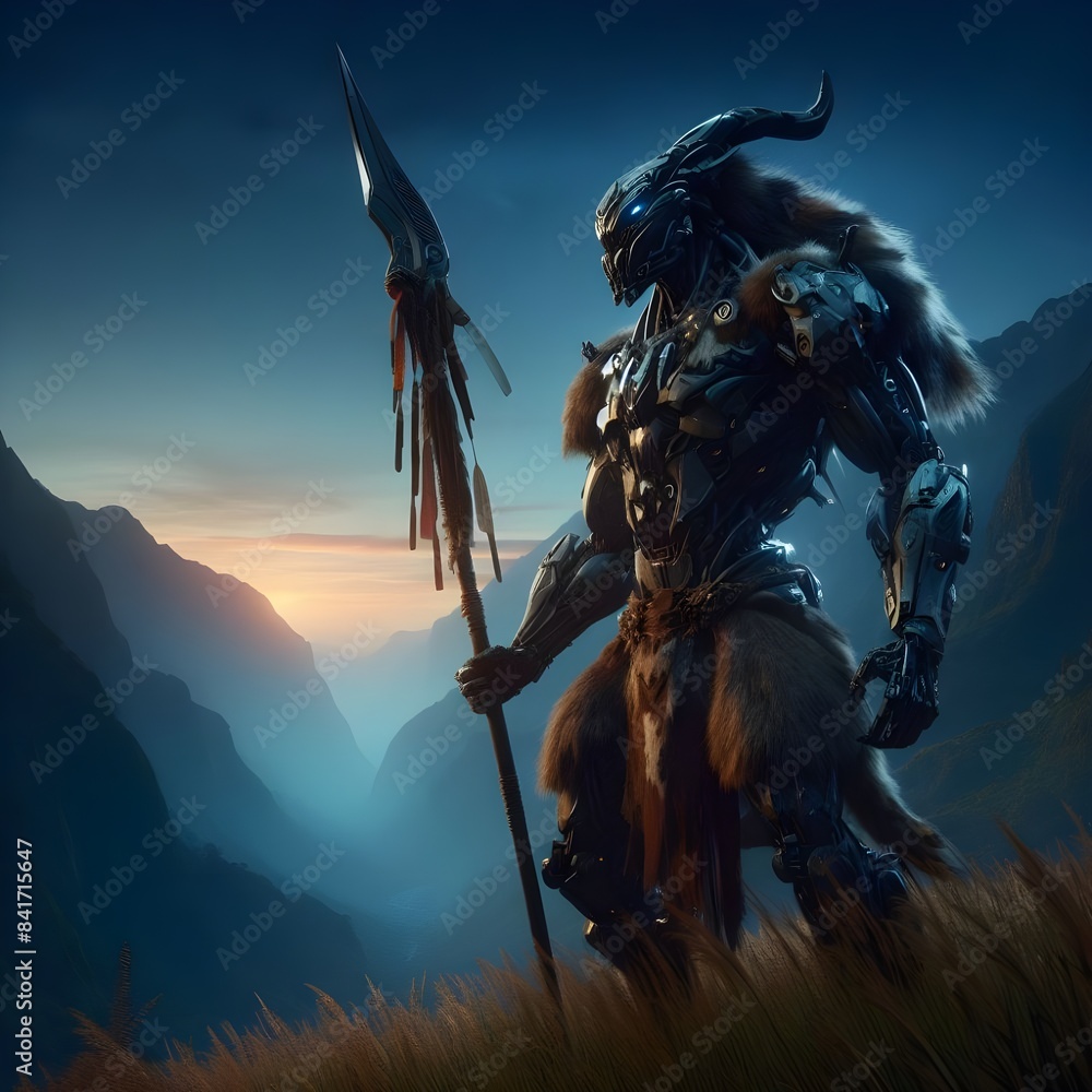 Naklejka premium Mecha Tribal Warrior at Sunset