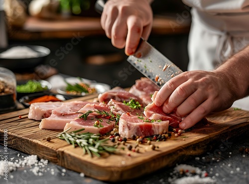 Photo of A chef's hands carving meat on the wooden board