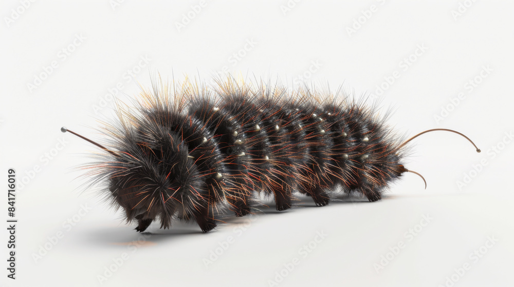 A detailed view of a fuzzy caterpillar with vibrant markings, crawling on a plain white surface. A detailed view of a fuzzy caterpillar with vibrant markings, crawling on a plain white surface.