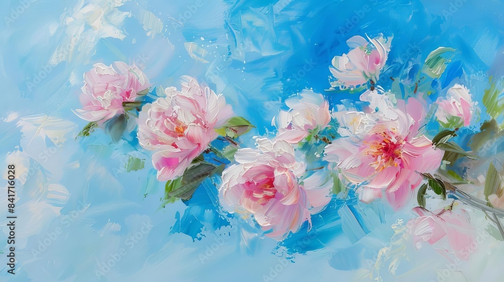 closeup of delicate pink peony flowers in field against blue sky oil painting closeup of delicate pink peony flowers in field against blue sky oil painting