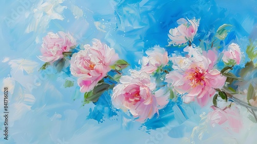 Wallpaper Mural closeup of delicate pink peony flowers in field against blue sky oil painting Torontodigital.ca