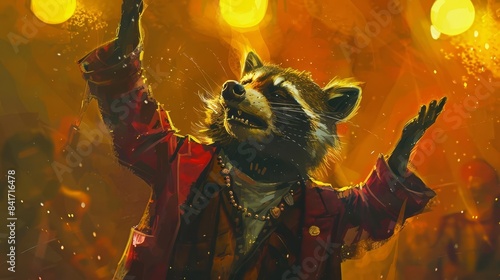 comical raccoon musician yellow spotlight background anthropomorphic animal character humorous masked performer concept digital paintings