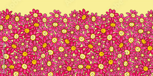Vector pink doodle cute happy smiley face daisy flowers horizontal border pattern. Suitable for greeting cards and posters.