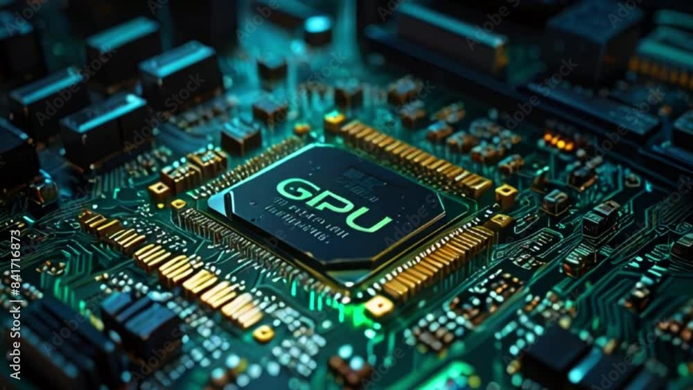 A close-up of a computer circuit board with a central GPU chip. A close-up of a computer circuit board with a central GPU chip.
