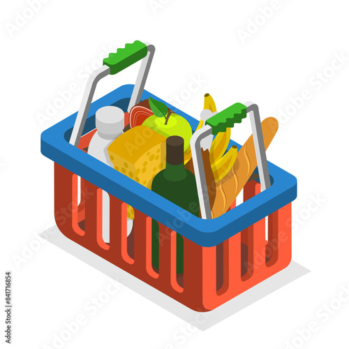 3D Isometric Flat Illustration of Shopping Bags, Different Grocery Sets. Item 5