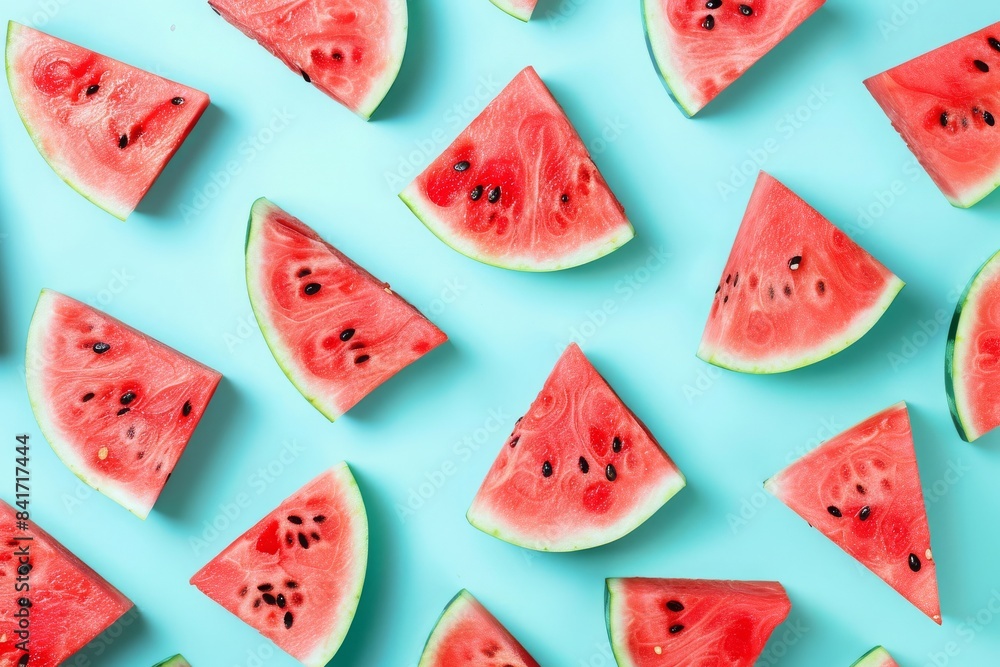 Seamless pattern with watermelons. Watermelon slices isolated on a pastel blue background. Illustration painting Seamless pattern with watermelons. Watermelon slices isolated on a pastel blue background. Illustration painting