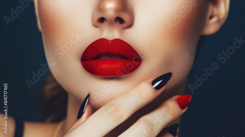 Mesmerize with sophistication: Woman's face adorned with red matte lipstick, flawless skin, and chic minimalist nail art.