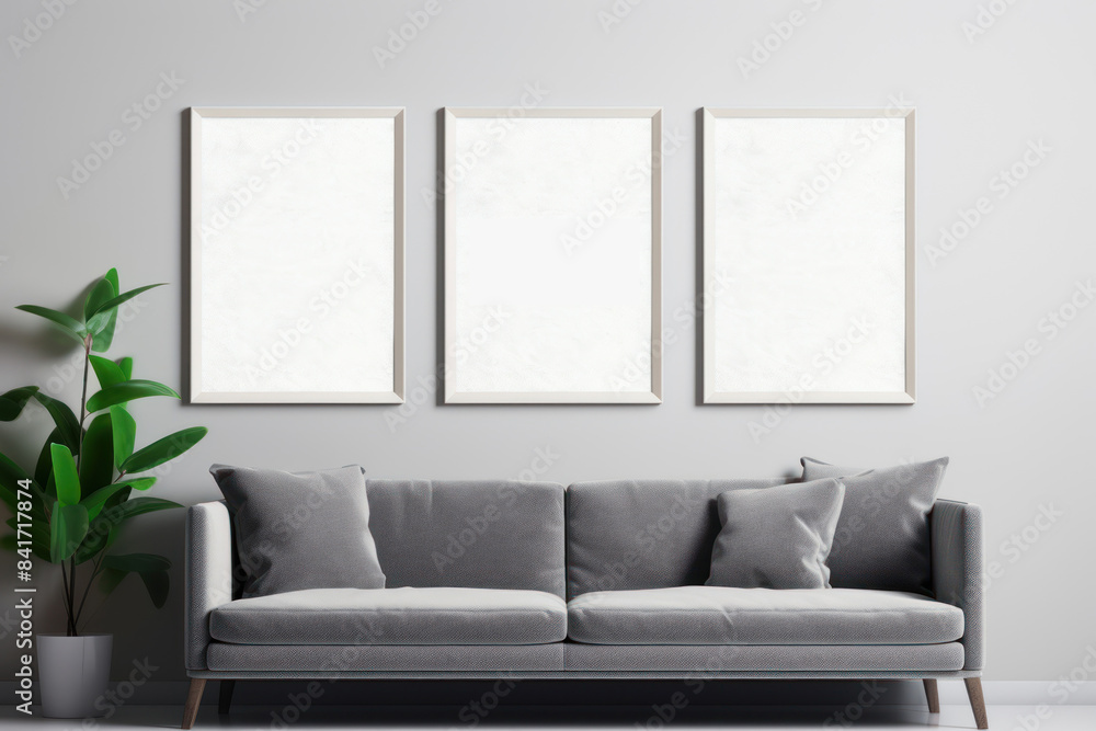 Modern Living Room with Gray Sofa and Three Blank Frames Modern Living Room with Gray Sofa and Three Blank Frames