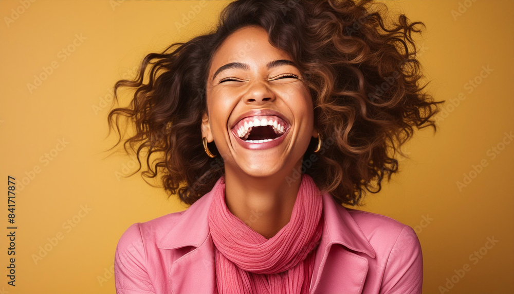 Happy optimistichispanic woman in colorful pink clothes laughing. isolated on yellow background
Happy optimistichispanic woman in colorful pink clothes laughing. isolated on yellow background