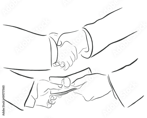 Hand drawn line art vector of Concept of Bribery and corruption. Say No to back door deals and illegal business.