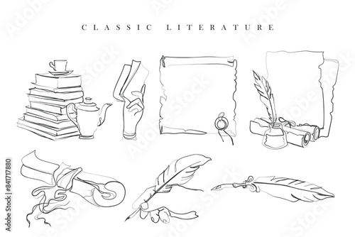 Ancient pen and literature concept. Feather pen. Hand drawn line art vector of Classic literature elements set. Ancient books and love for literature.