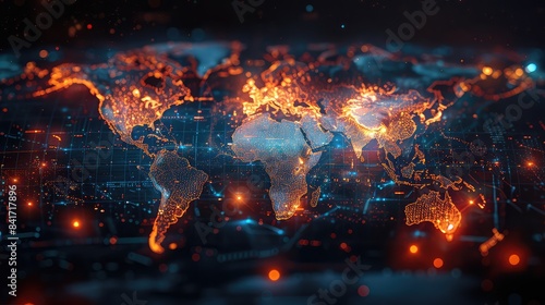 A computer generated image of the world with a blue and orange background