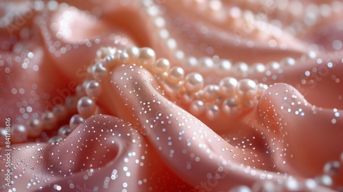 Close Up of Peach Satin Fabric With Pearl Beads