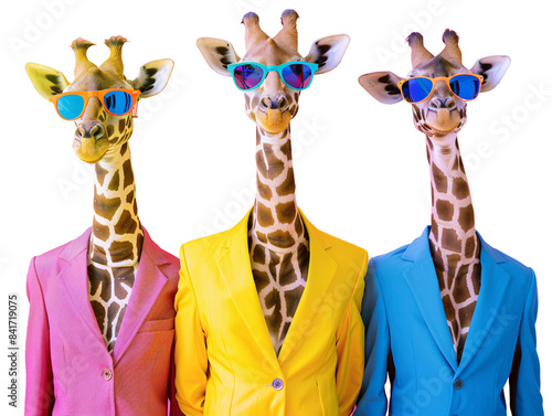 a group of giraffes wearing colorful suits and sunglasses