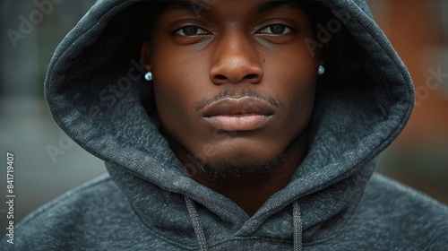 Close Up of a Man Wearing a Dark Blue Fleece Jacket With a Hood and Rope Draw...