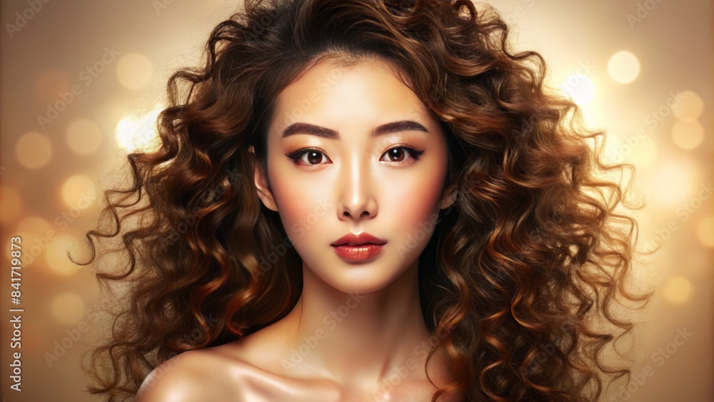 Vibrant beige background features a stunning portrayal of flawless korean-inspired beauty standards, showcasing glowing skin, curly locks, and immaculate facial features. Vibrant beige background features a stunning portrayal of flawless korean-inspired beauty standards, showcasing glowing skin, curly locks, and immaculate facial features.