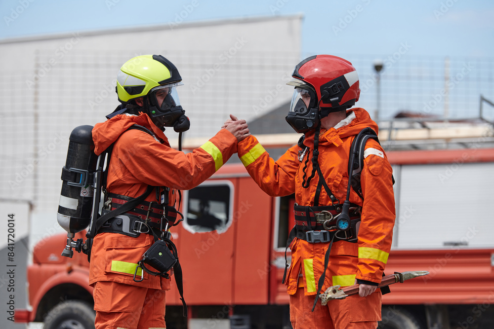 A unified team of firefighters, adorned in their uniforms, engages in a heartfelt celebration marked by triumphant salutes and cheers, embodying the joy and gratitude following the successful A unified team of firefighters, adorned in their uniforms, engages in a heartfelt celebration marked by triumphant salutes and cheers, embodying the joy and gratitude following the successful