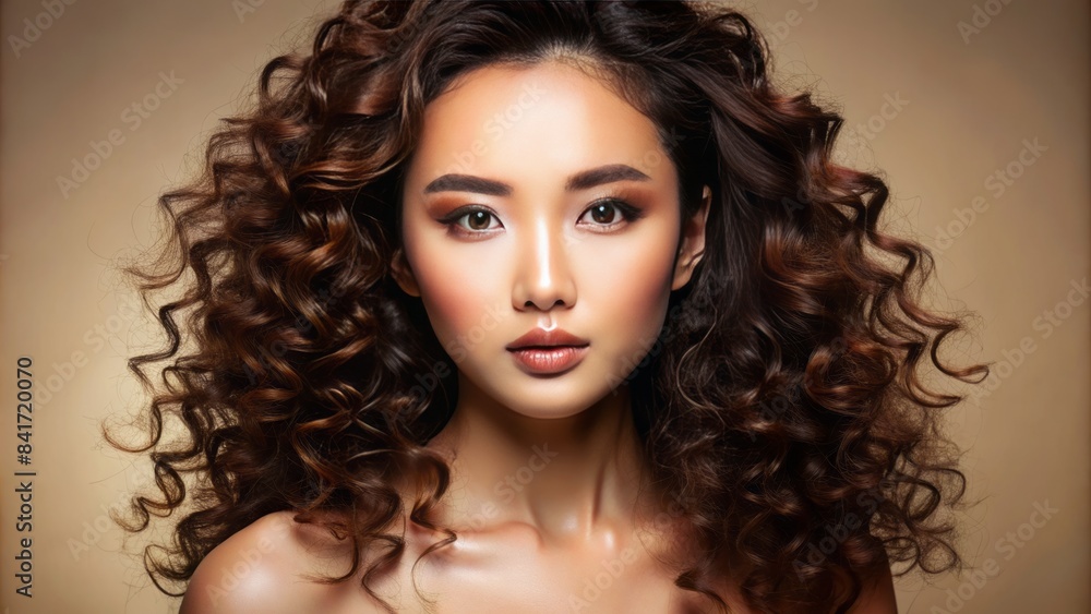 Fototapeta premium Flawless, luminous facial features, radiant complexion, and sumptuous curly locks against a subtle beige background, epitomizing asian beauty standards, cosmetology, and skincare excellence.