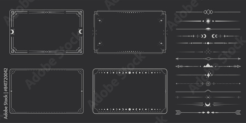 Silver celestial minimal esoteric frame, thin line border, divider mystyc linear decoration with dots, moon, stars corners isolated on dark background. Geometric shape, tarrot 