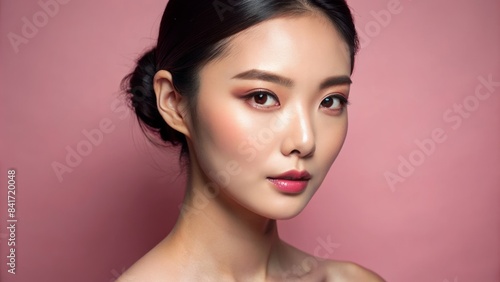 Soft focus on a pink background featuring a elegant asian woman's face with flawless skin, pulled back hair, and refined korean-inspired makeup, conveying beauty and elegance.