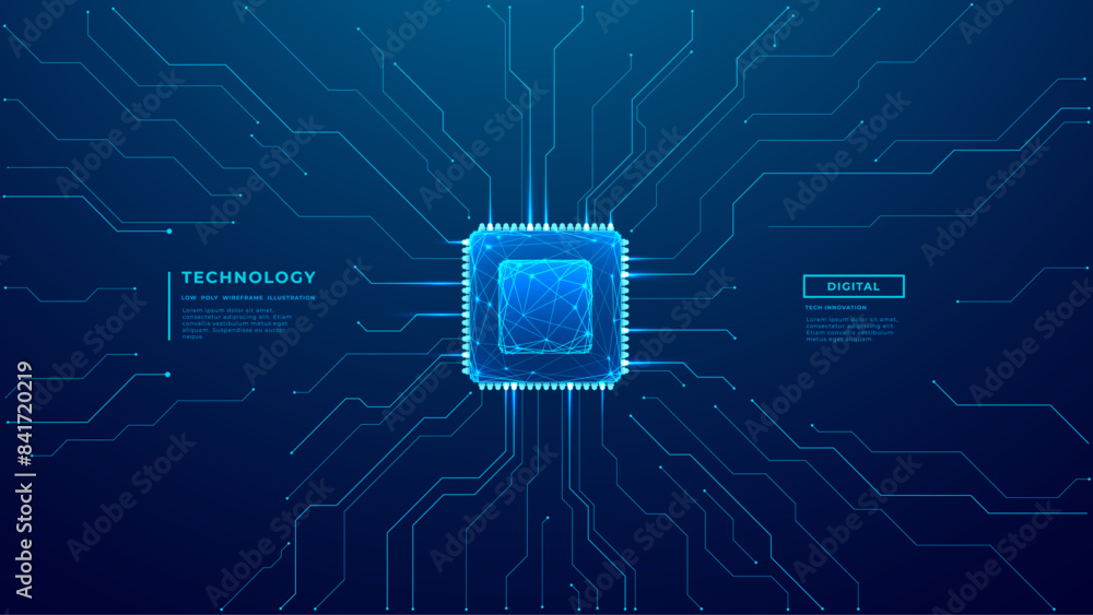CPU chip on technology blue background. Circuit board and core in the cente tech bg. Semiconductor or CPU processor. Artificial intelligence concept. Vector futuristic illustration. Free text space. CPU chip on technology blue background. Circuit board and core in the cente tech bg. Semiconductor or CPU processor. Artificial intelligence concept. Vector futuristic illustration. Free text space.