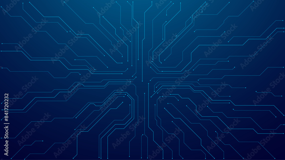 Abstract digital circuit board on technology blue background. Circuit connected lines and dots on abstract motherboard. Navy gradient tech bg. AI innovation concept.  Futuristic vector illustration.