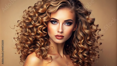 Vibrant beige background showcases stunning cosmetic beauty standards  exemplified by flawless glowing skin  luscious curly locks  and impeccable makeup artistry.