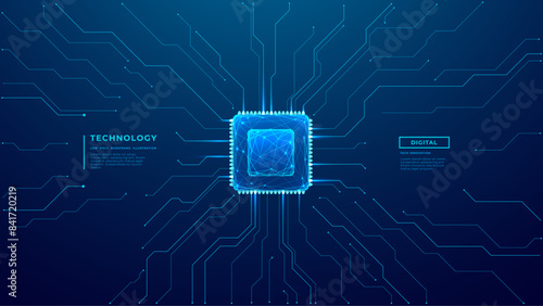 CPU chip on technology blue background. Circuit board and core in the cente tech bg. Semiconductor or CPU processor. Artificial intelligence concept. Vector futuristic illustration. Free text space.