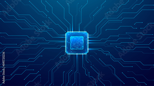 Abstract digital CPU chip background on technology blue background. Circuit board. Ai Tech bg. Semiconductor or CPU processor. Artificial intelligence concept. Futuristic vector illustration.