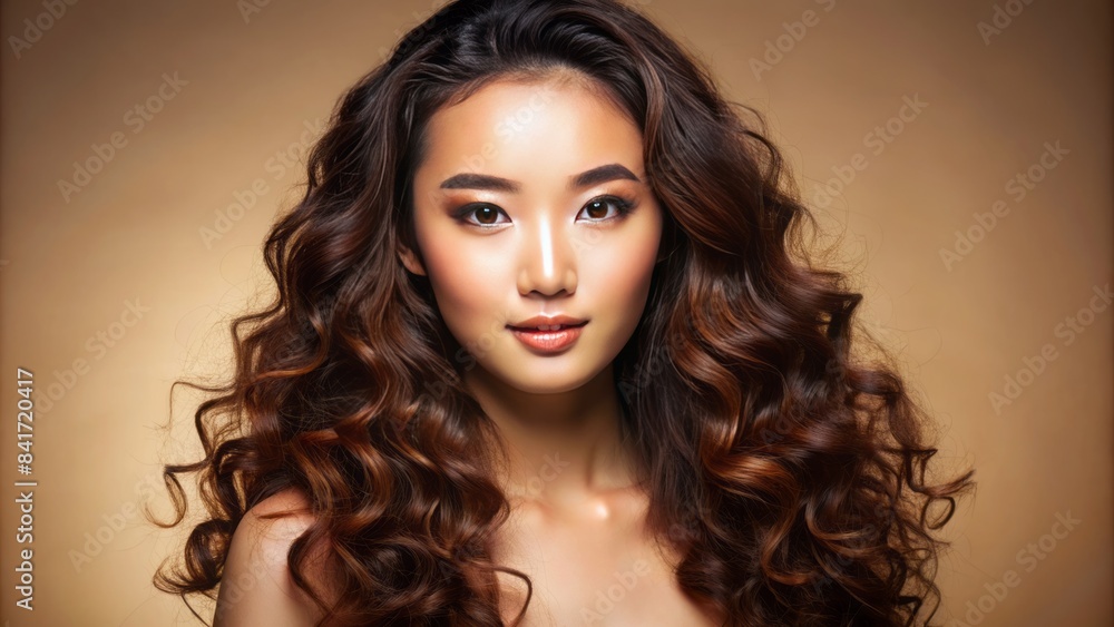 Vibrant isolated beige background featuring a stunning asian beauty's captivating portrait with luscious curly long hair, radiant glowing face, and flawless healthy skin. Vibrant isolated beige background featuring a stunning asian beauty's captivating portrait with luscious curly long hair, radiant glowing face, and flawless healthy skin.