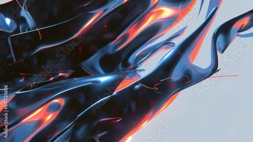 A mesmerizing scene unfolds as a glossy black surface reflects vibrant neon blue and red, creating the illusion of liquid fire burning on a polished obsidian surface