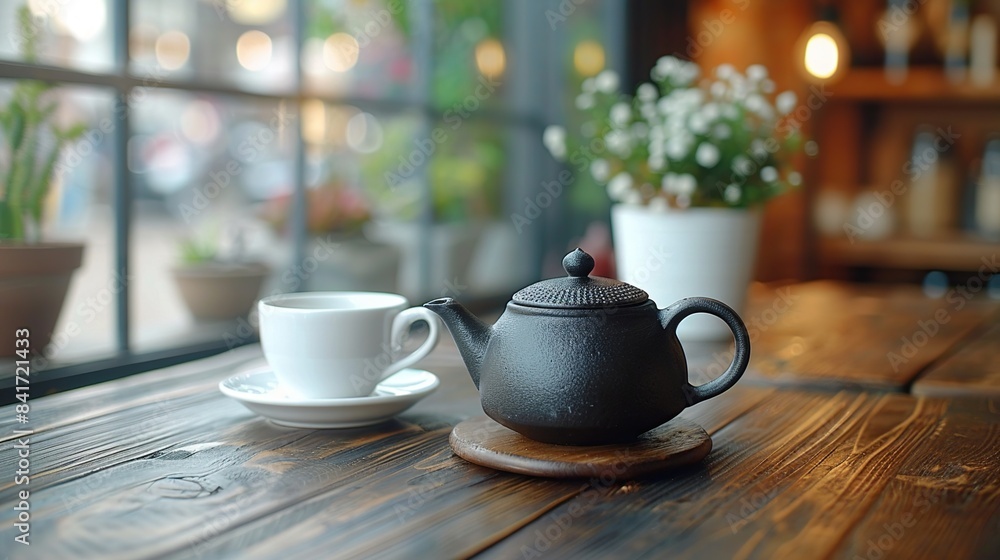 Close-up of a teapot, a cup of tea with steam on a wooden table. Refreshment breakfast concept Close-up of a teapot, a cup of tea with steam on a wooden table. Refreshment breakfast concept