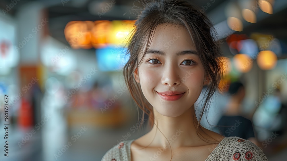 Young Woman Smiling at Camera in Urban Setting With Blurred Lights Young Woman Smiling at Camera in Urban Setting With Blurred Lights