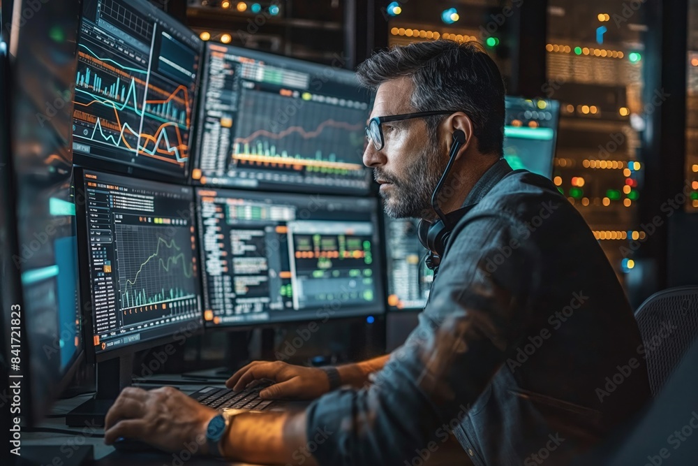 Person at desk with multilevel financial charts Person at desk with multilevel financial charts