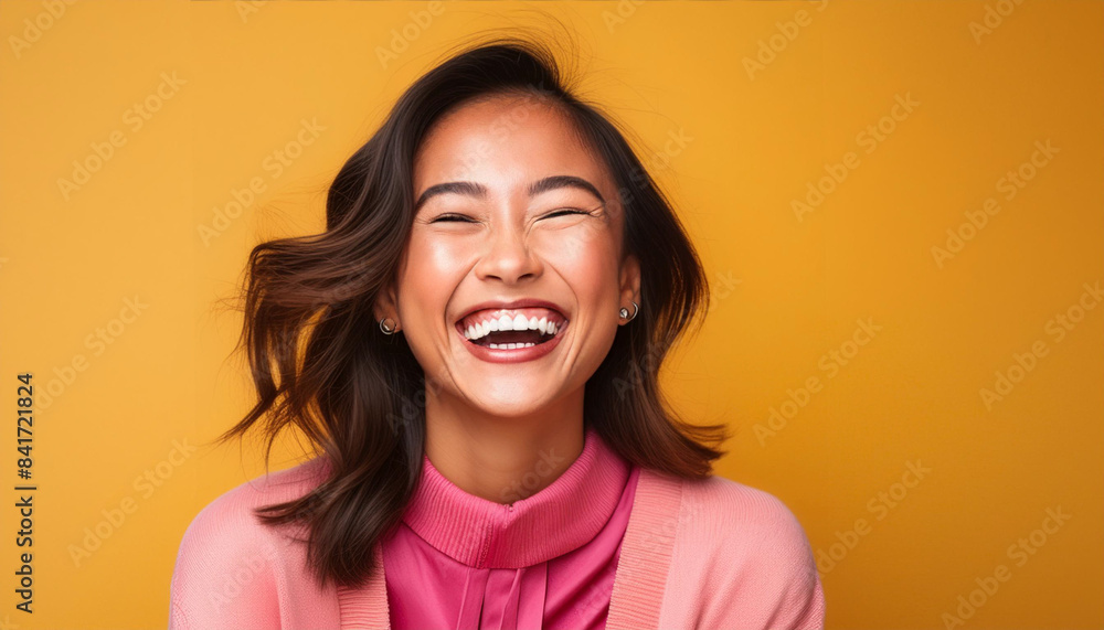 Close-up portrait of smiling young Asian woman with colorful trendy makeup isolated on yellow studio background, space for text
Close-up portrait of smiling young Asian woman with colorful trendy makeup isolated on yellow studio background, space for text