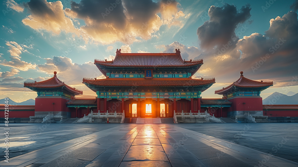 The gate of supreme harmony is shining during golden hour at forbidden city in beijing, china The gate of supreme harmony is shining during golden hour at forbidden city in beijing, china