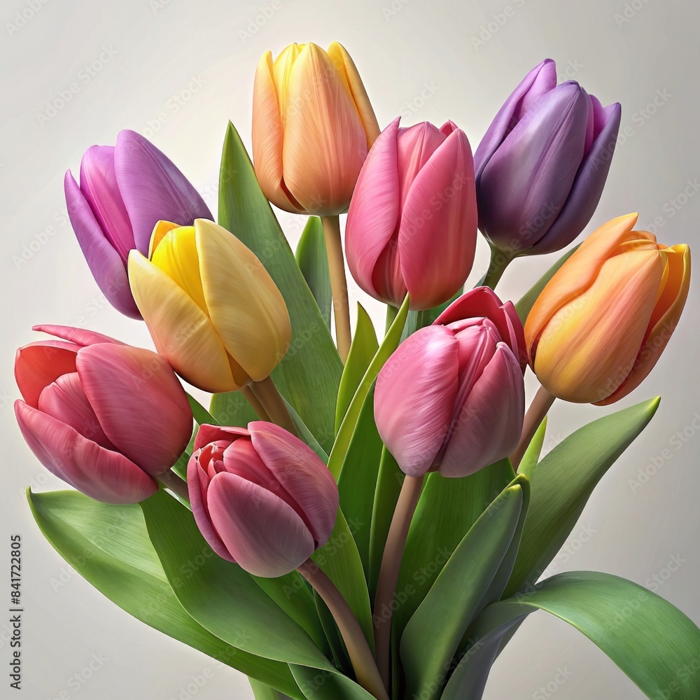 A bouquet of colorful tulips, on a white background A bouquet of colorful tulips, on a white background